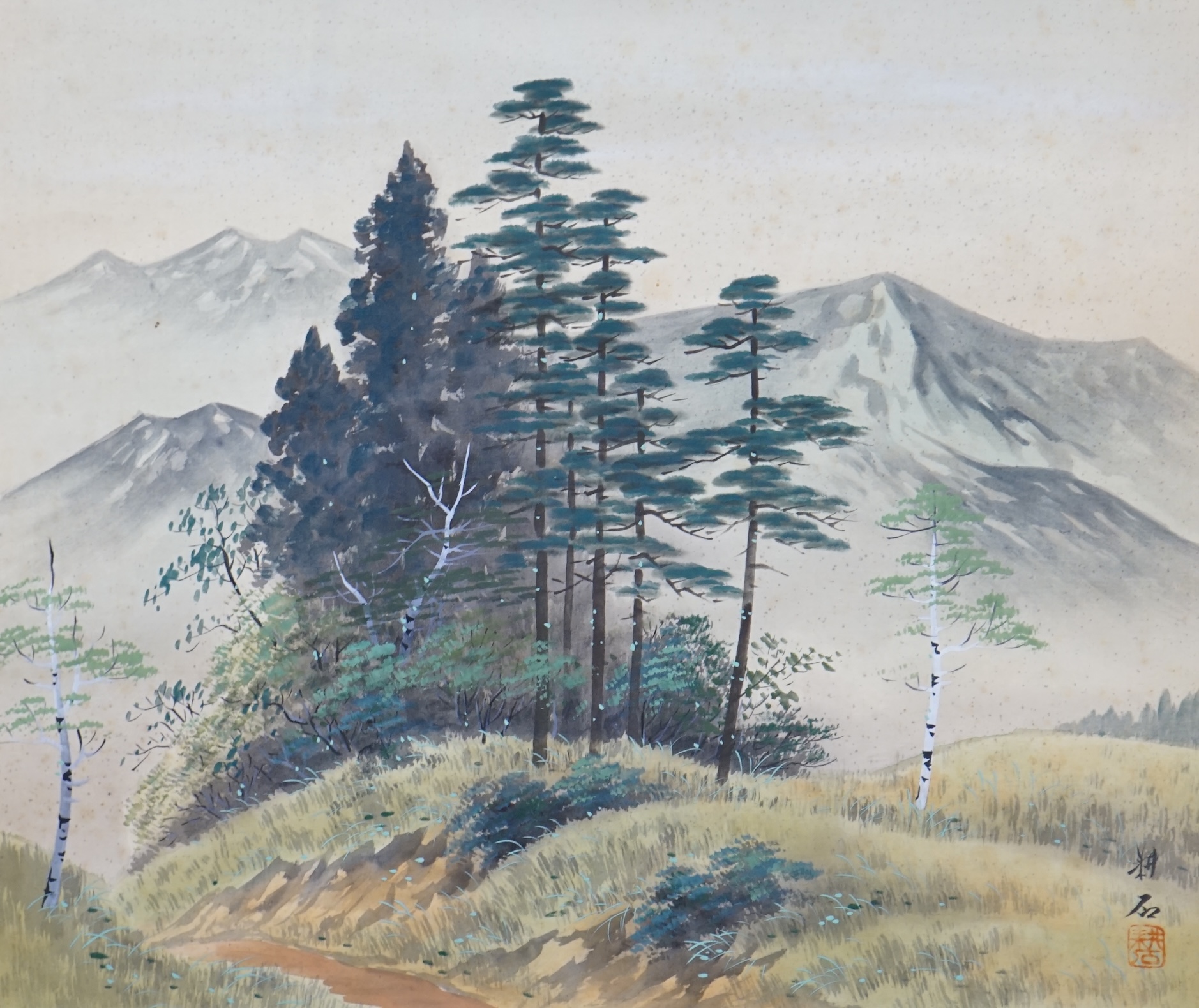 Nakanishi Roseki (1807-1884), scroll painting , Landscape pines and birch, 42 x 50cm. Condition - fair, foxing